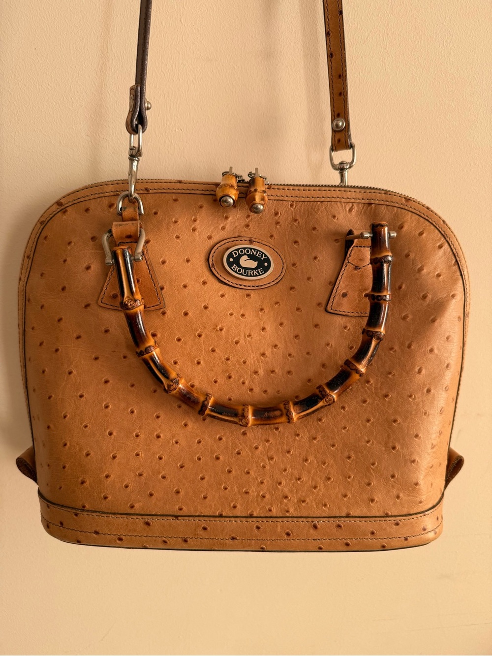 Dooney & Bourke Tan Ostrich-Embossed Satchel with Bamboo Handle